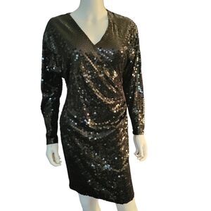 Vintage Oleg Cassini Sequin Dress Long Sleeves 6 Black